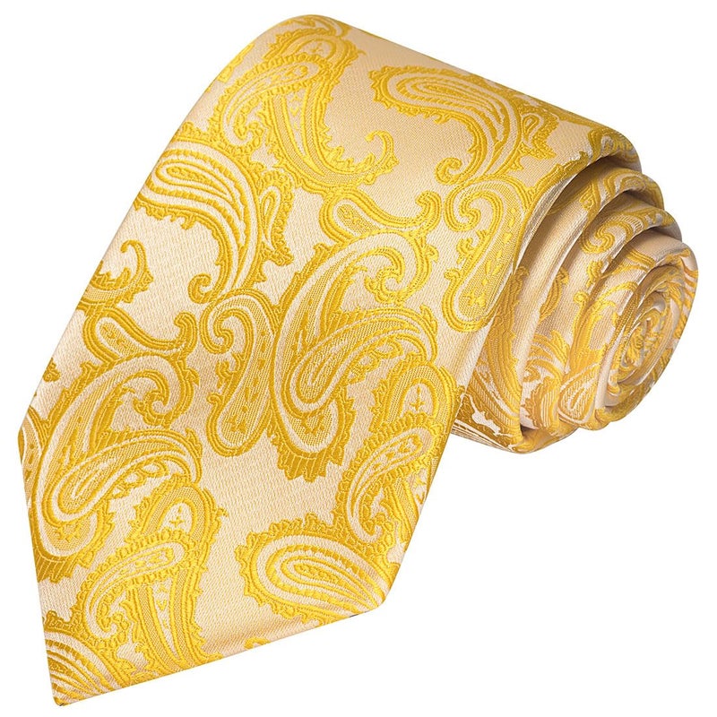 KissTies Yellow Tie Set Wedding Ties Paisley Necktie + Pocket Square - Image 2